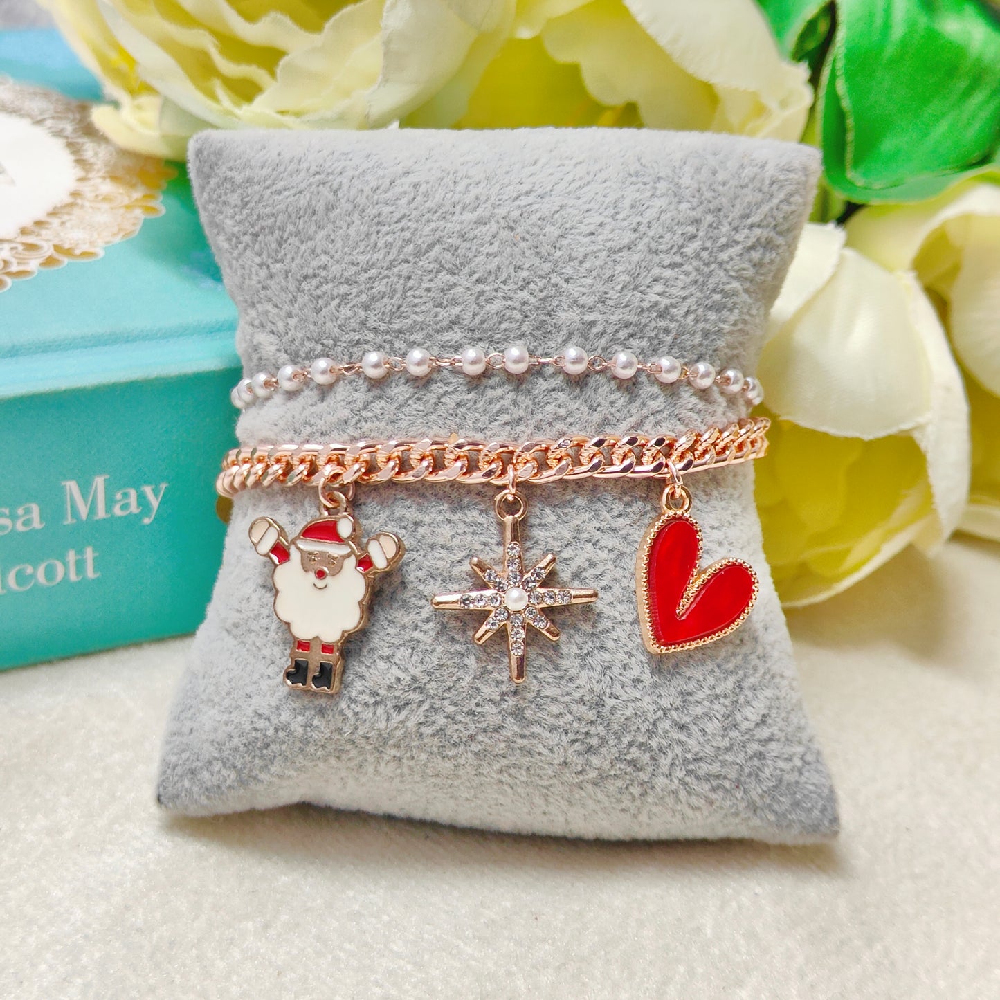 Rose Golden Three Charms Combo Christmas 2-Layer Bracelet (Design 21A)
