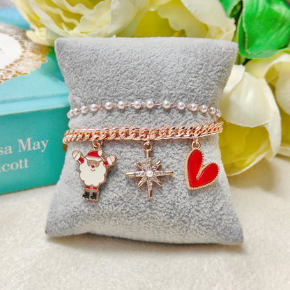 Rose Golden Three Charms Combo Christmas 2-Layer Bracelet (Design 21A)
