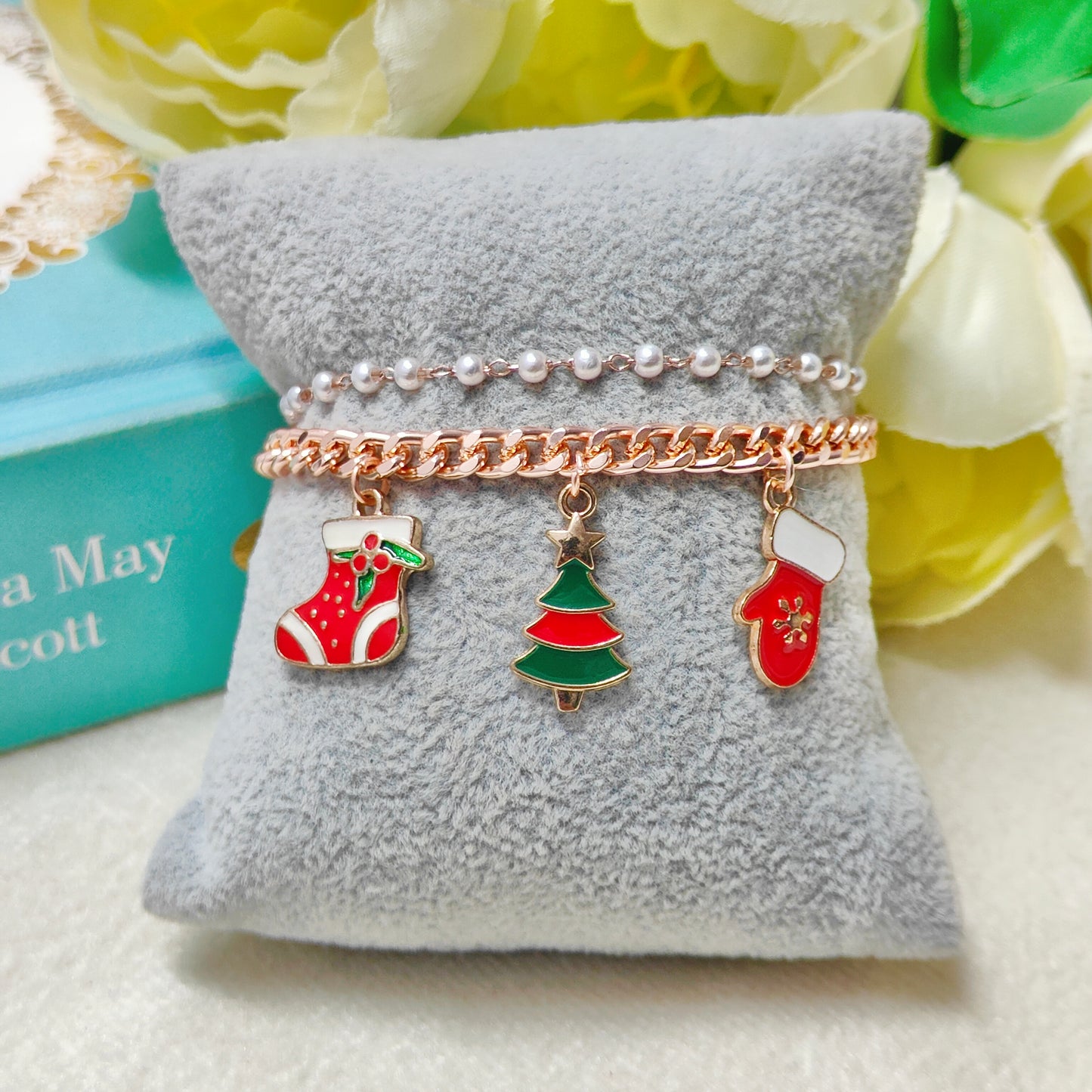 Rose Golden Three Charms Combo Christmas 2-Layer Bracelet (Design 15A)