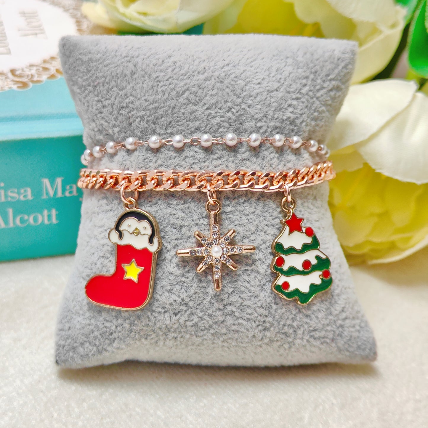 Rose Golden Three Charms Combo Christmas 2-Layer Bracelet (Design 14A)