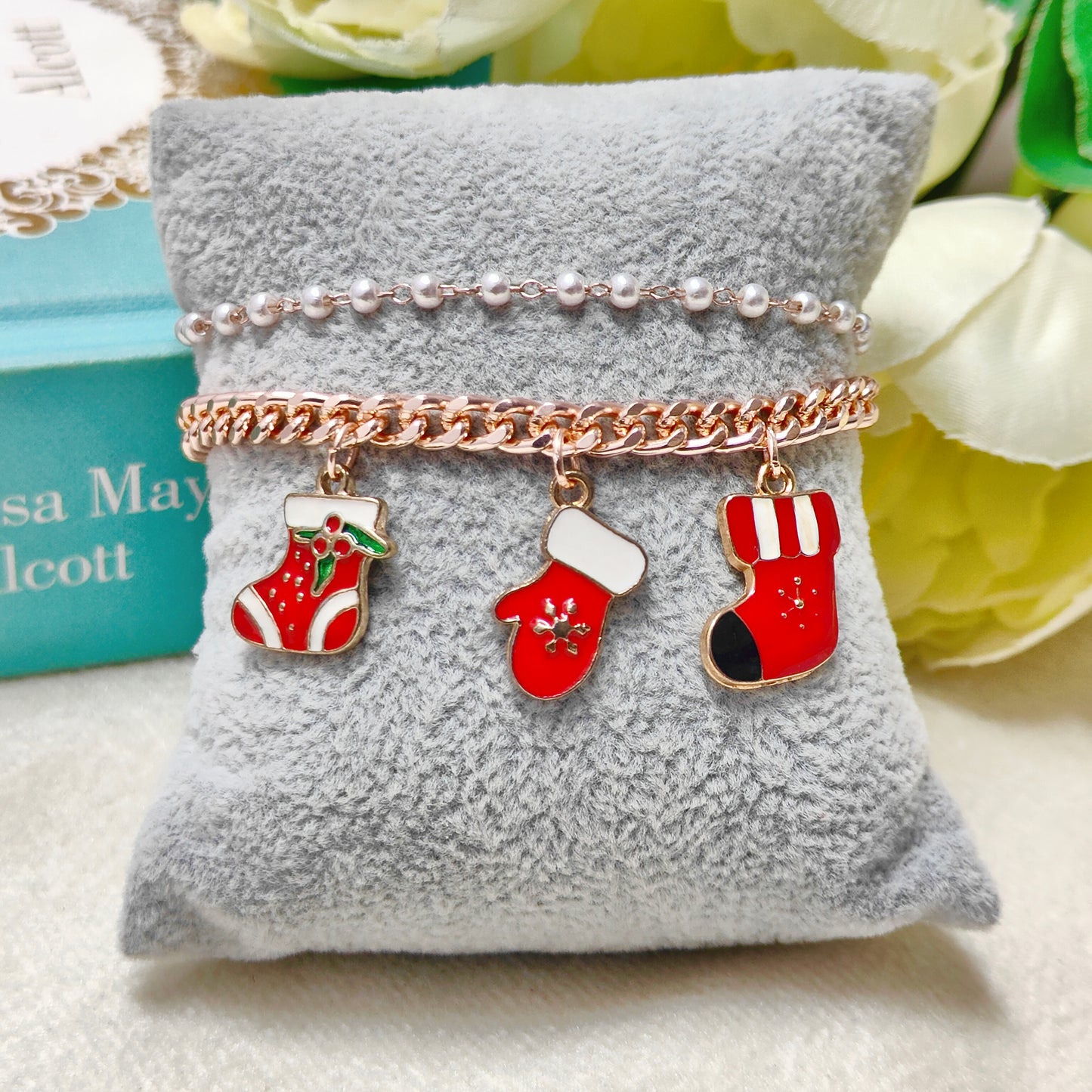 Rose Golden Three Charms Combo Christmas 2-Layer Bracelet (Design 12A)