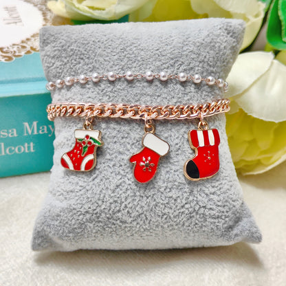 Rose Golden Three Charms Combo Christmas 2-Layer Bracelet (Design 12A)