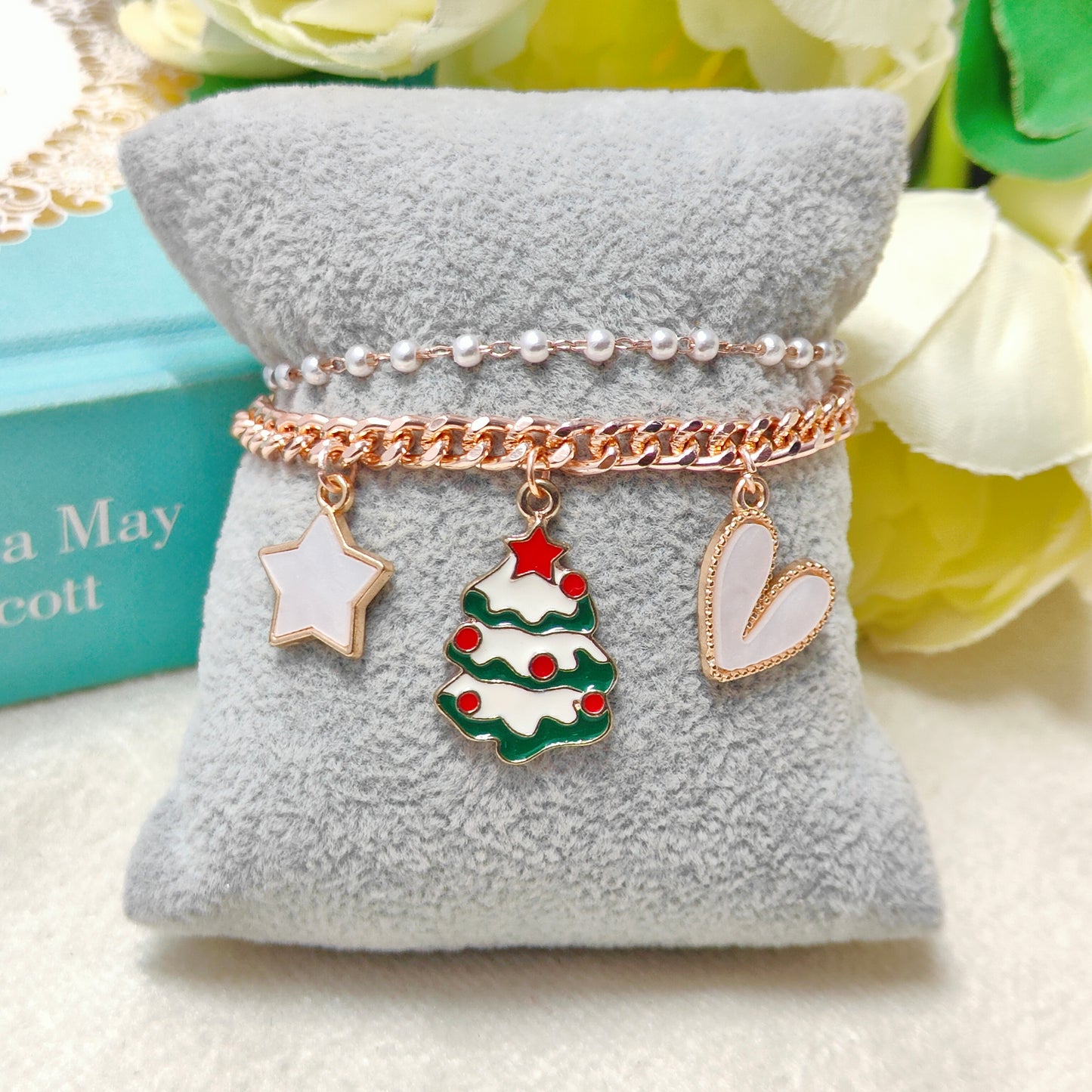 Rose Golden Three Charms Combo Christmas 2-Layer Bracelet (Design 13A)