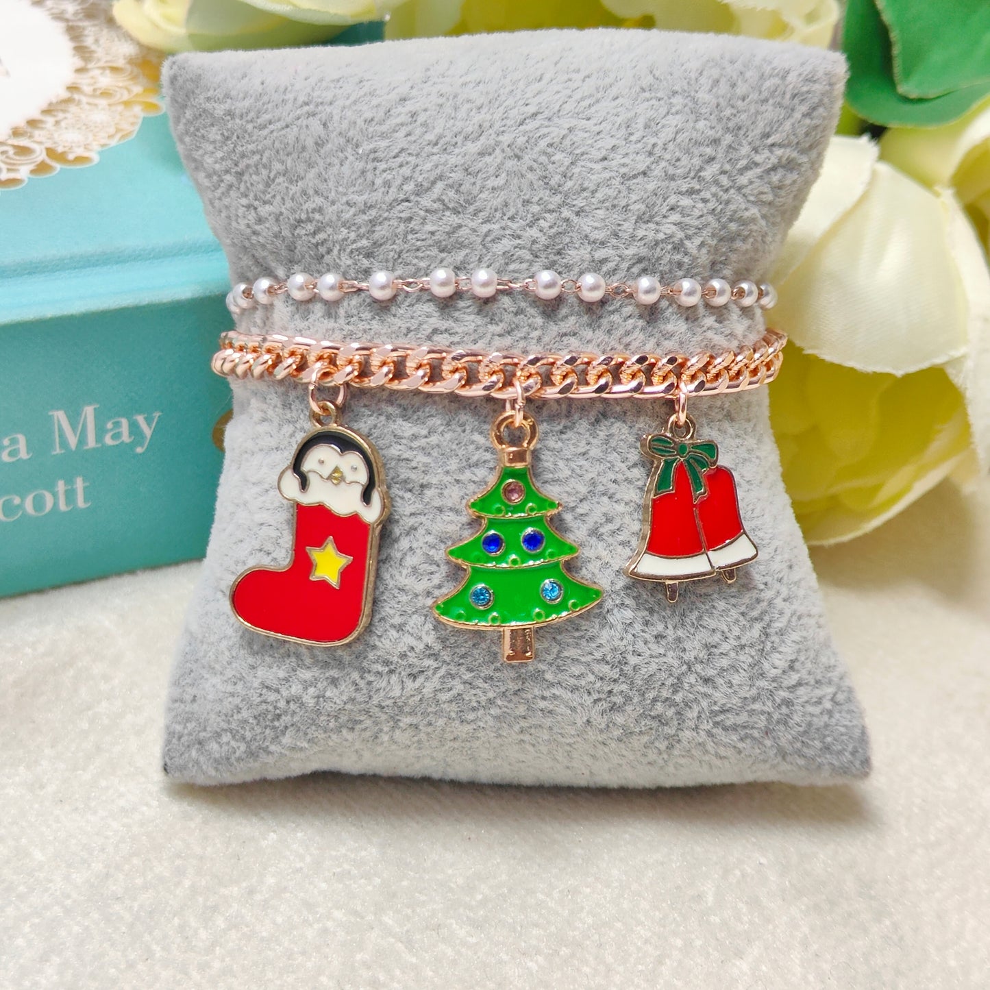 Rose Golden Three Charms Combo Christmas 2-Layer Bracelet (Design 20A)