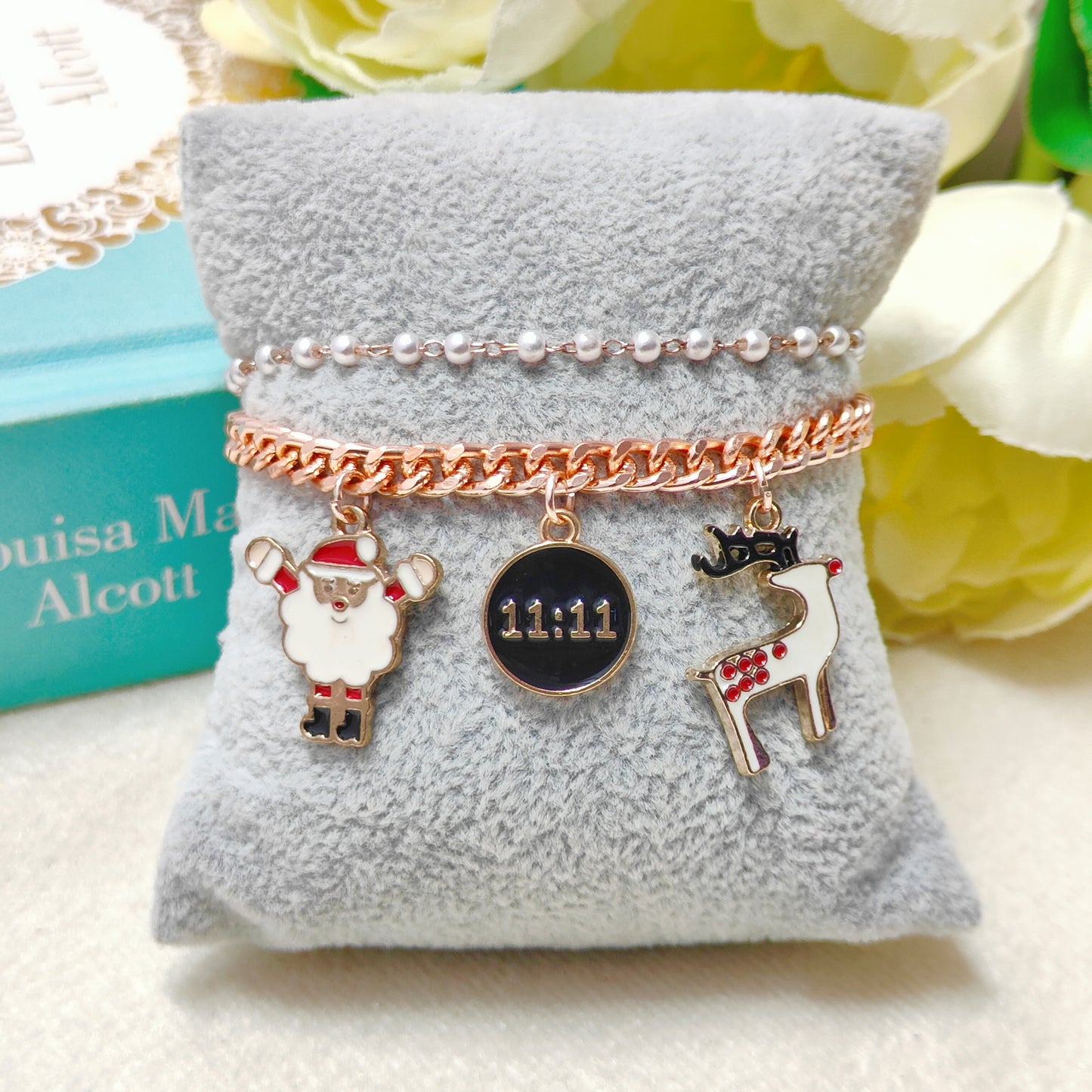 Rose Golden Three Charms Combo Christmas 2-Layer Bracelet (Design 8A)