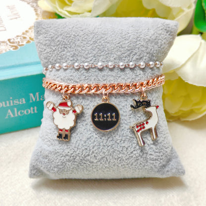 Rose Golden Three Charms Combo Christmas 2-Layer Bracelet (Design 8A)
