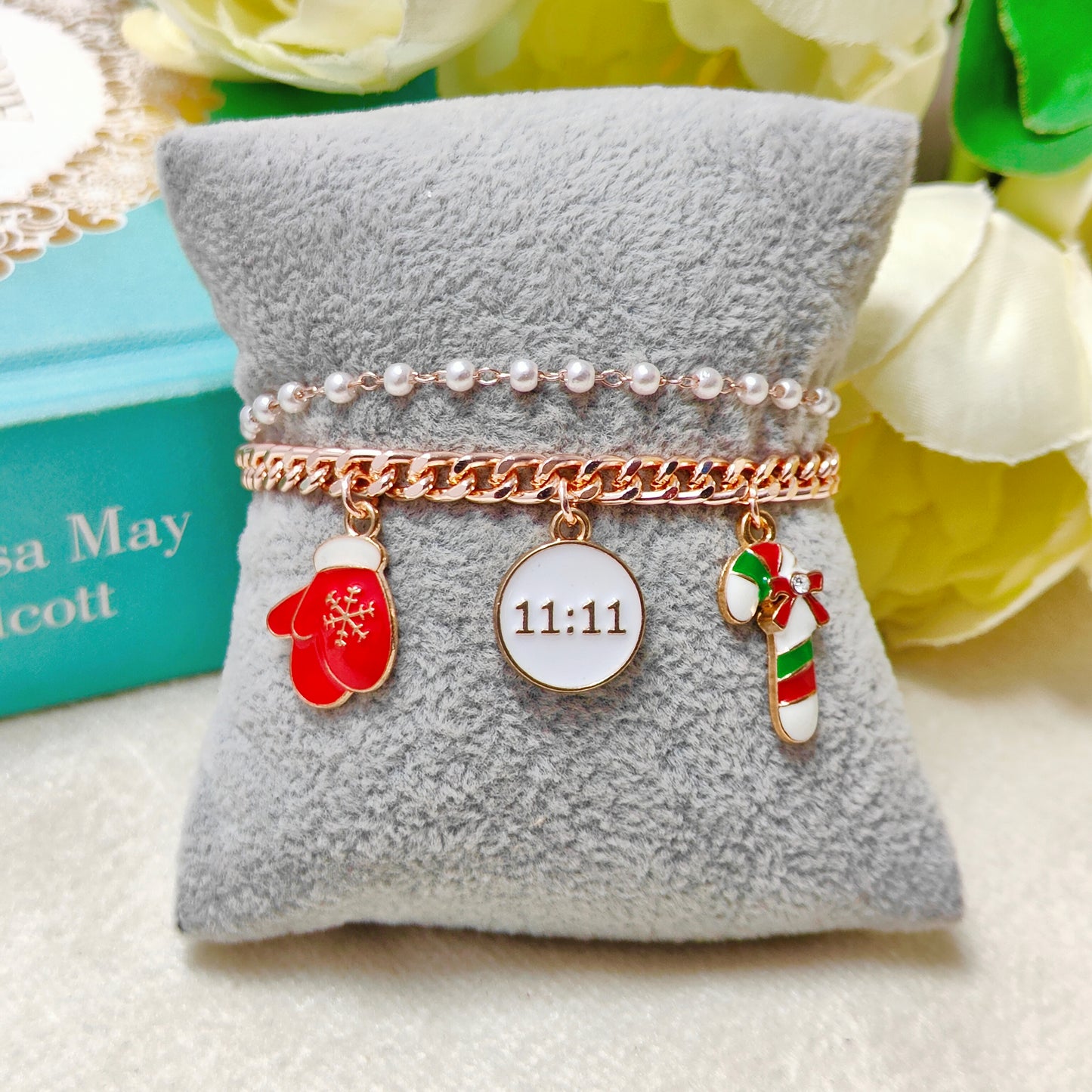 Rose Golden Three Charms Combo Christmas 2-Layer Bracelet (Design 17A)