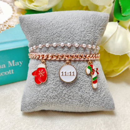 Rose Golden Three Charms Combo Christmas 2-Layer Bracelet (Design 17A)