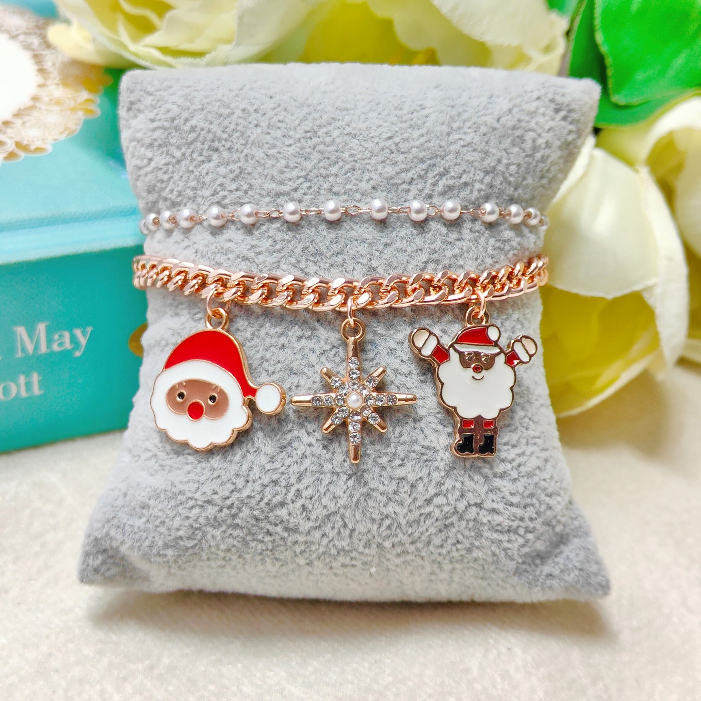 Rose Golden Three Charms Combo Christmas 2-Layer Bracelet (Design 19A)