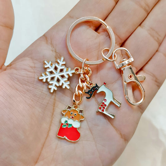 Rose Golden Three Charms Combo Christmas Bag Charm Keychain (Design K5)