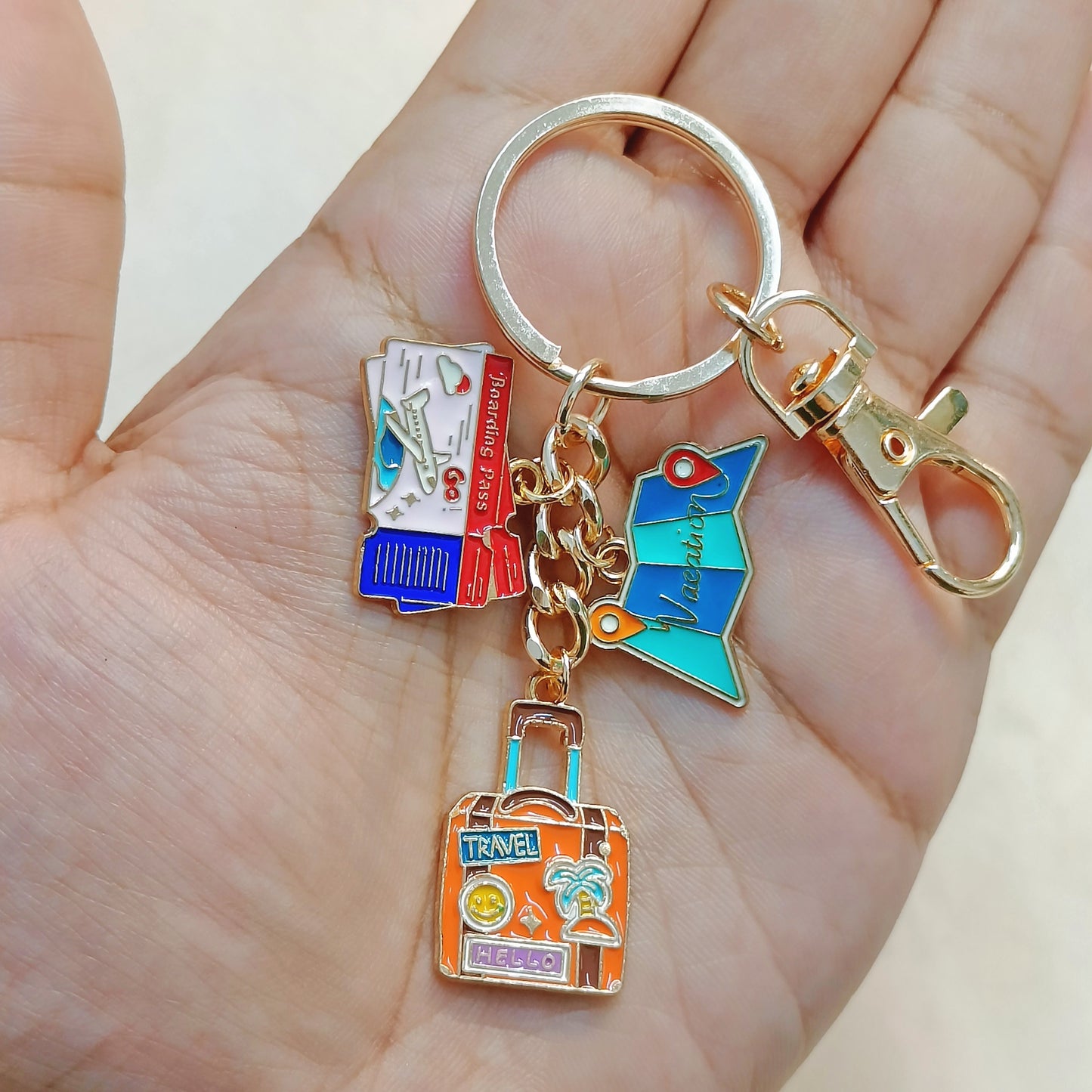 Boarding Pass, Map, Suitcase Travel Theme Bag Charm Keychain