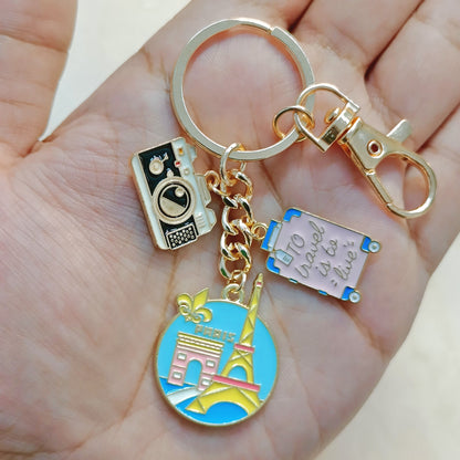 Paris Tourist Coin, Camera & Suitcase Travel Theme Bag Charm Keychain