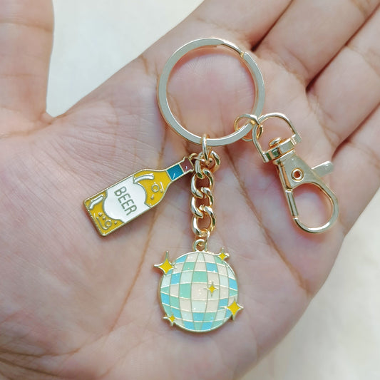 Chilled Beer Bottle & Disco Ball Party Theme Bag Charm Keychain