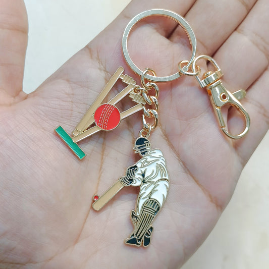 Cricket Batsman & Stumps Sports Theme Bag Charm Keychain