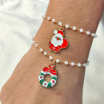 Cute Mini Santa & Wreath Christmas Pearl Chain Bracelets