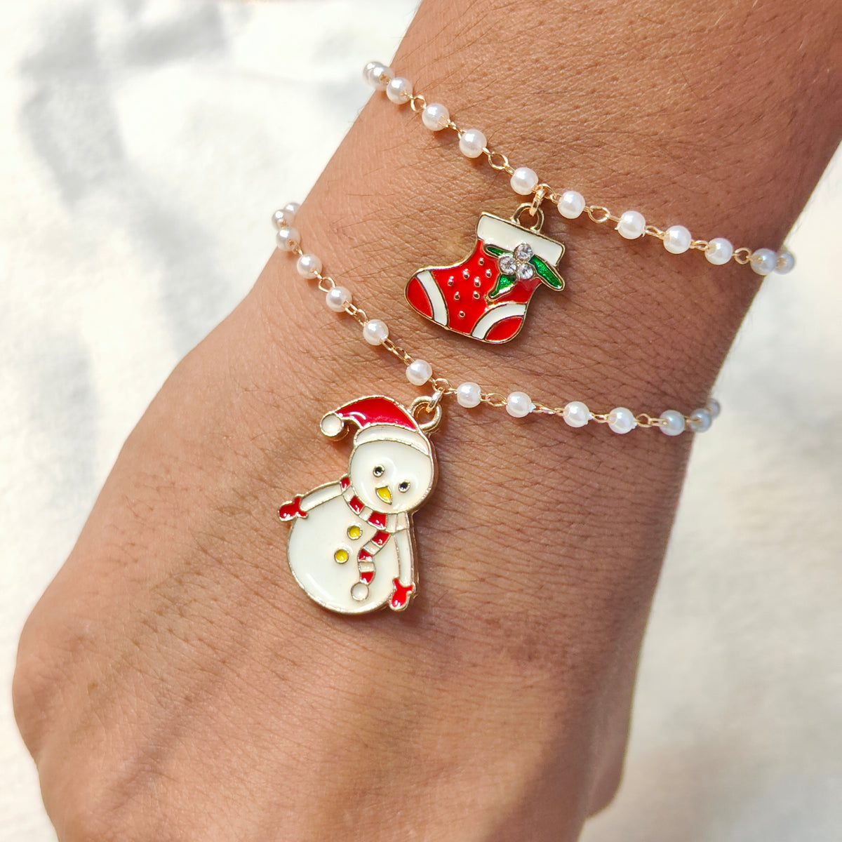 Chonky Snowman & Xmas Sock Christmas Pearl Chain Bracelets