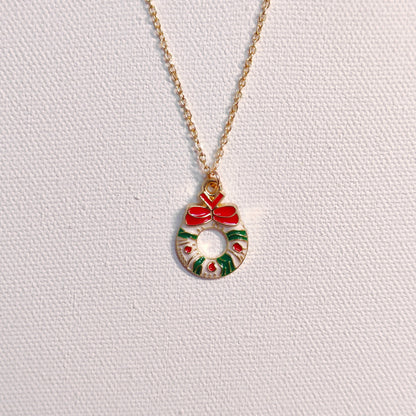 Wreath Golden Christmas Charm Necklace