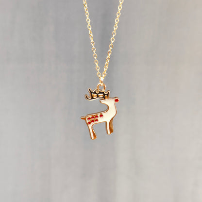 Spotted Reindeer Golden Christmas Charm Necklace