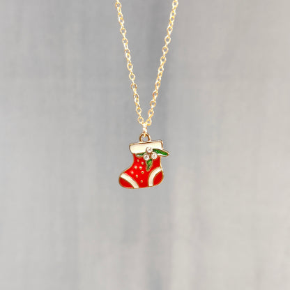 Mini Xmas Sock Golden Christmas Pendant Set (Necklace & Earrings)