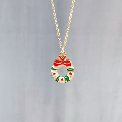 Wreath Golden Christmas Charm Necklace
