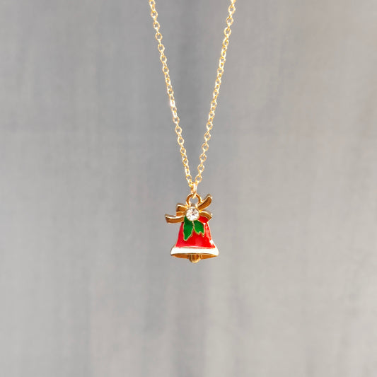 Studded Jingle Bell Golden Christmas Charm Necklace