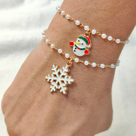 Mini Happy Snowman & Snowflake Christmas Pearl Chain Bracelets