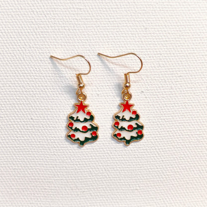 Snowy Xmas Tree Golden Christmas Earrings
