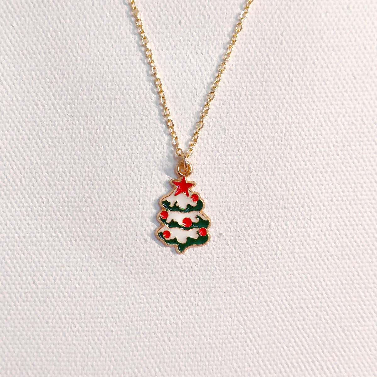 Snowy Xmas Tree Golden Christmas Charm Necklace
