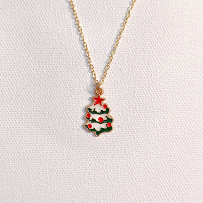 Snowy Xmas Tree Golden Christmas Charm Necklace
