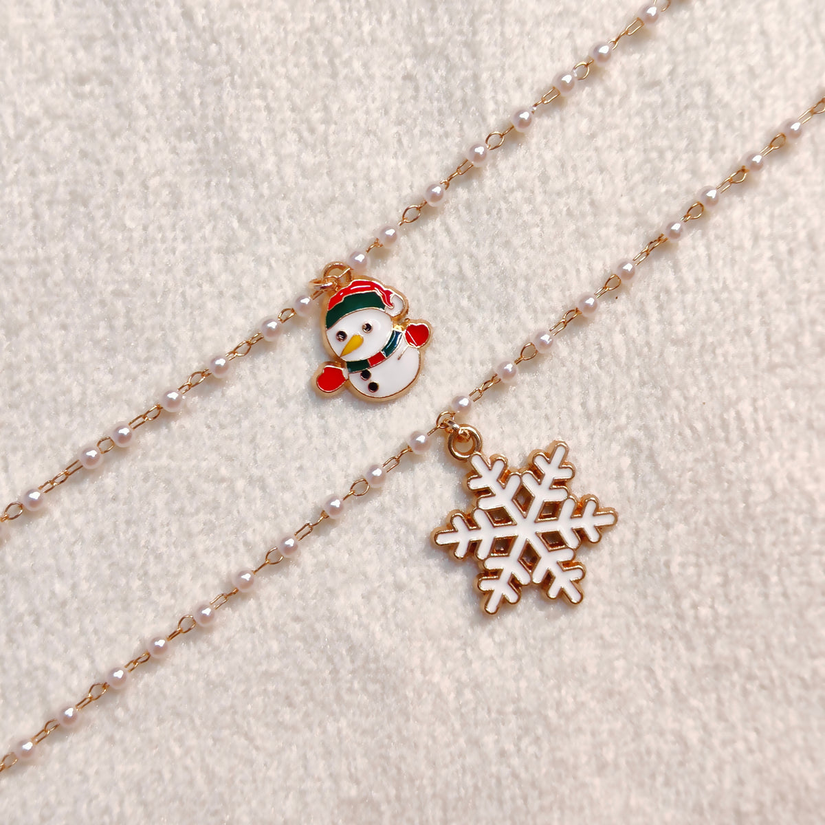 Mini Happy Snowman & Snowflake Christmas Pearl Chain Bracelets