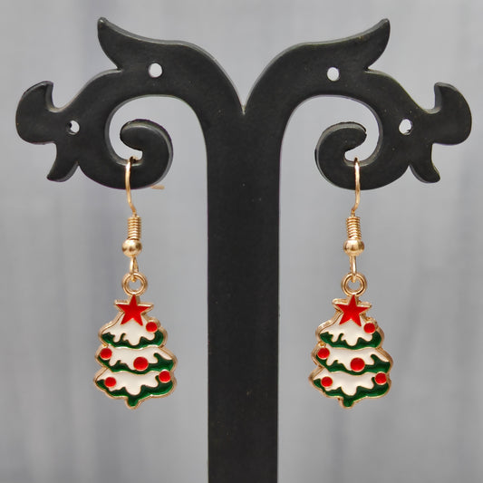 Snowy Xmas Tree Golden Christmas Earrings