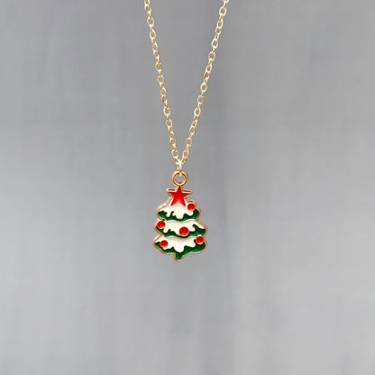Snowy Xmas Tree Golden Christmas Charm Necklace
