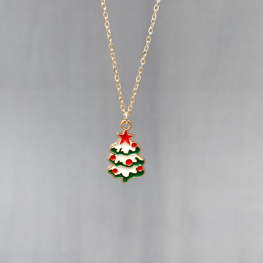 Snowy Xmas Tree Golden Christmas Charm Necklace