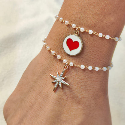 Red Heart Coin & Studded Snowflake Christmas Pearl Chain Bracelets