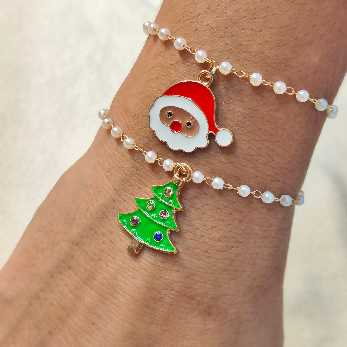 Santa Face & Studded Xmas Tree Christmas Pearl Chain Bracelets
