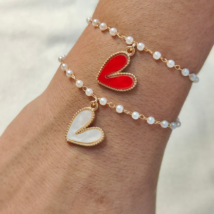 Red & White Glossy Heart Christmas Pearl Chain Bracelets