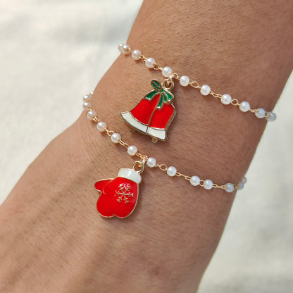 Jingle Bells & Snowflake Gloves Christmas Pearl Chain Bracelets