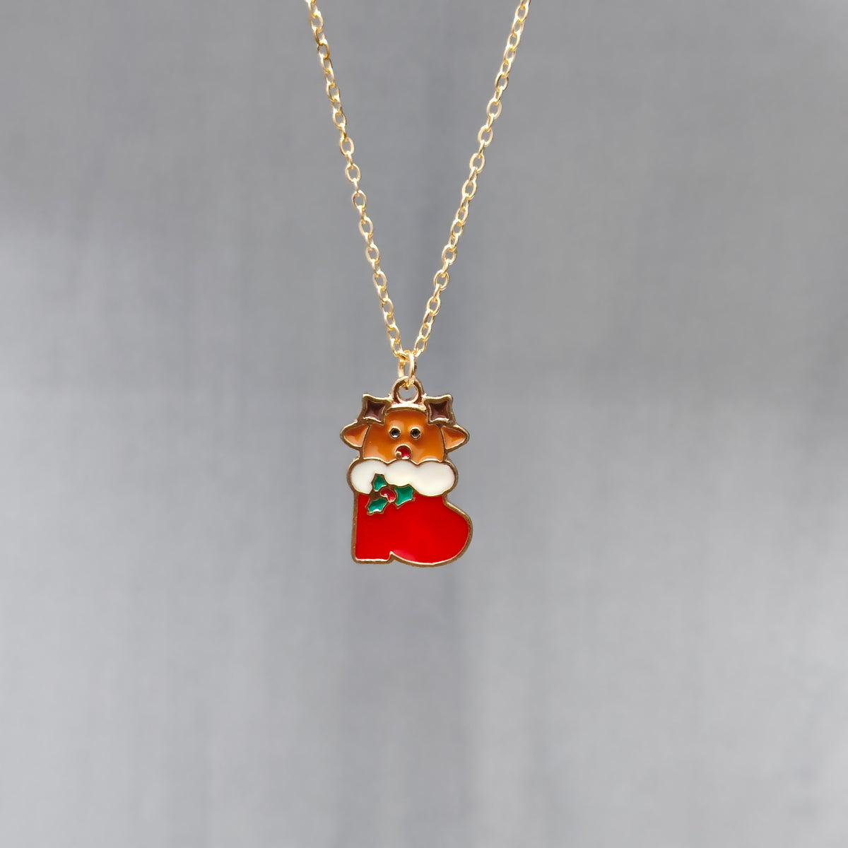 Cute Reindeer Sock Golden Christmas Charm Necklace