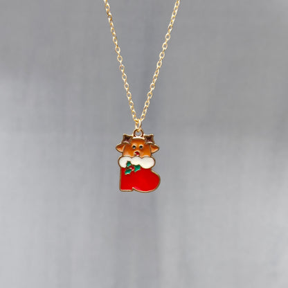 Cute Reindeer Sock Golden Christmas Charm Necklace
