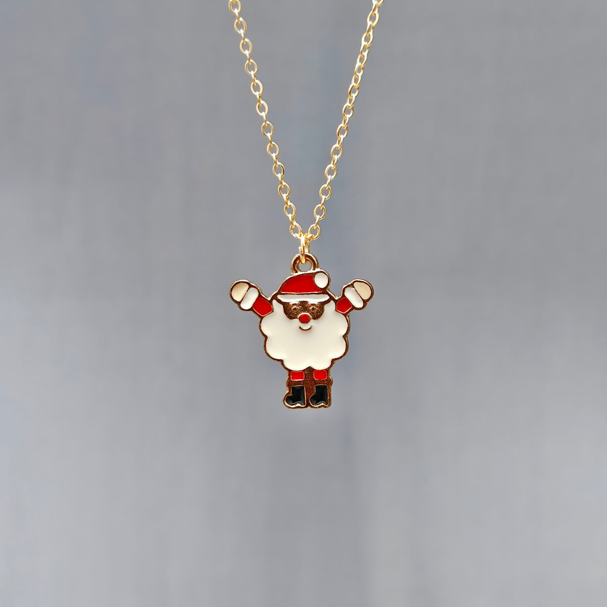 Cheering Santa Claus Golden Christmas Charm Necklace