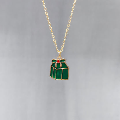 Green Mini Giftbox Golden Christmas Charm Necklace
