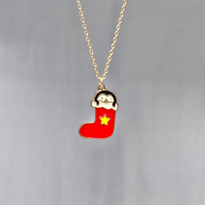 Cute Penguin Stocking Golden Christmas Charm Necklace