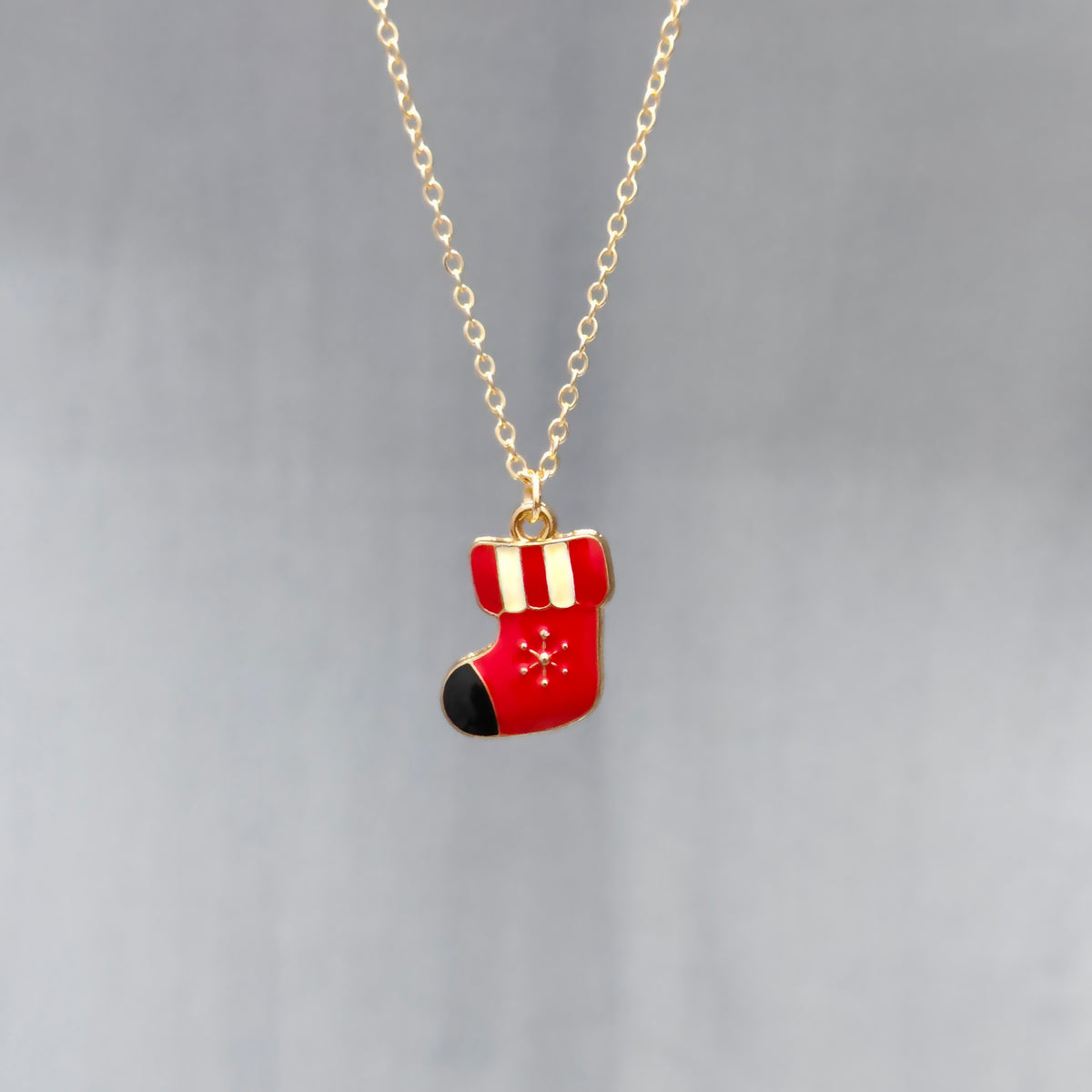 Snuggly Snowflake Sock Golden Christmas Charm Necklace