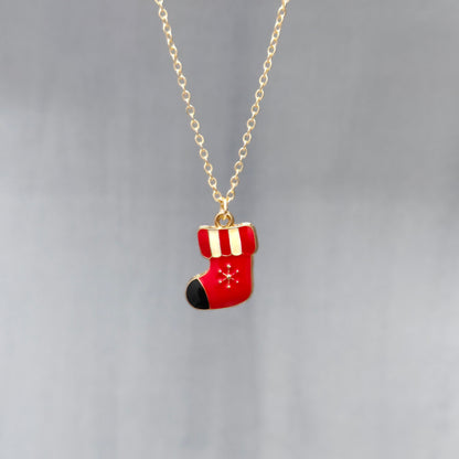 Snuggly Snowflake Sock Golden Christmas Charm Necklace
