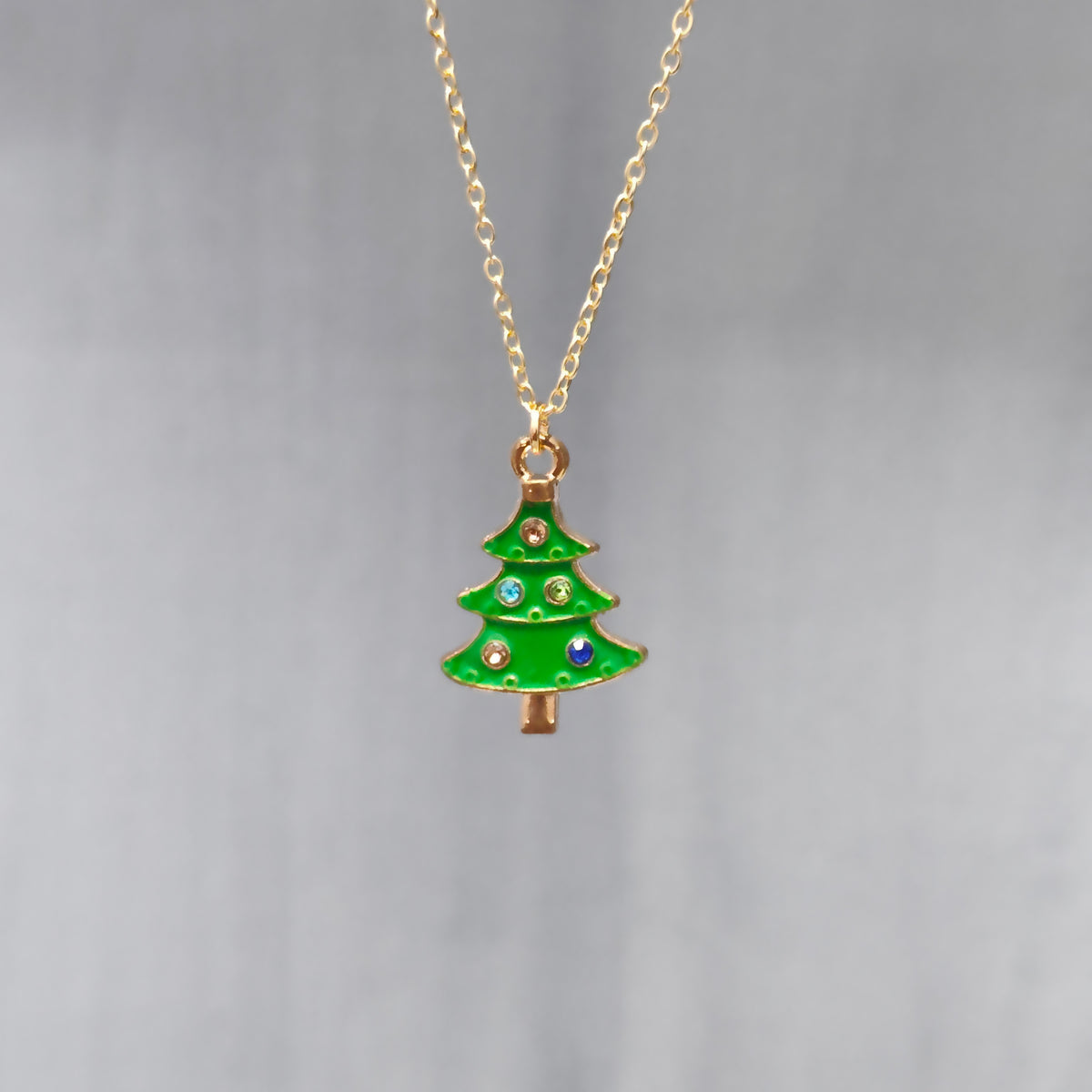 Multicolour Studded Xmas Tree Golden Christmas Charm Necklace
