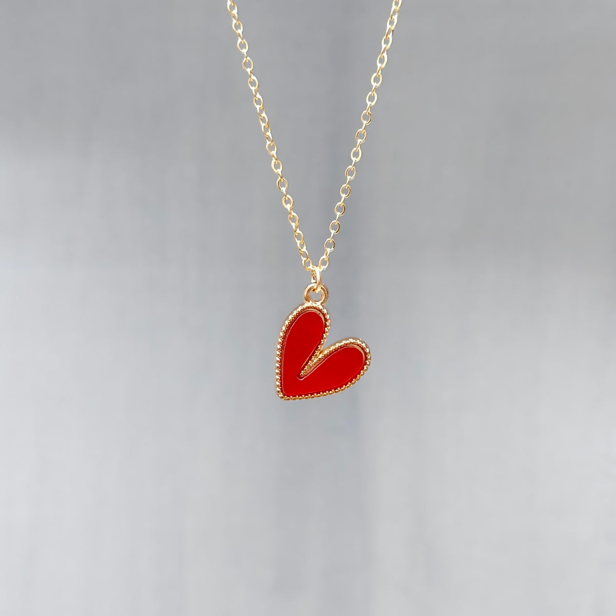 Glossy Red Heart Golden Christmas Charm Necklace