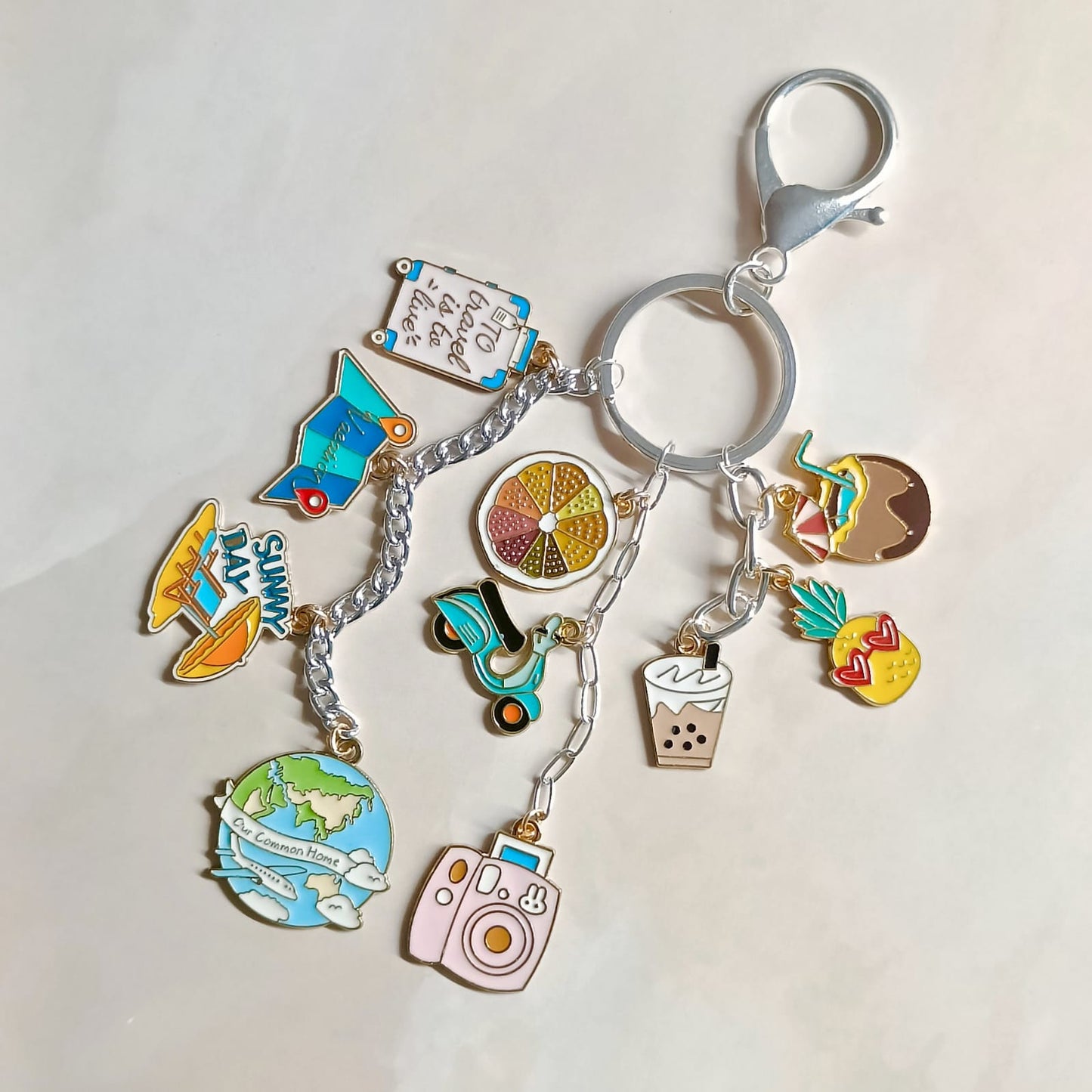 Travel Theme Three Layer Silver Bag Charm Keychain