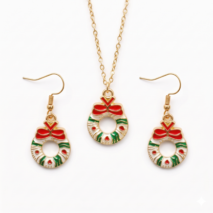 Wreath Golden Christmas Pendant Set (Necklace & Earrings)