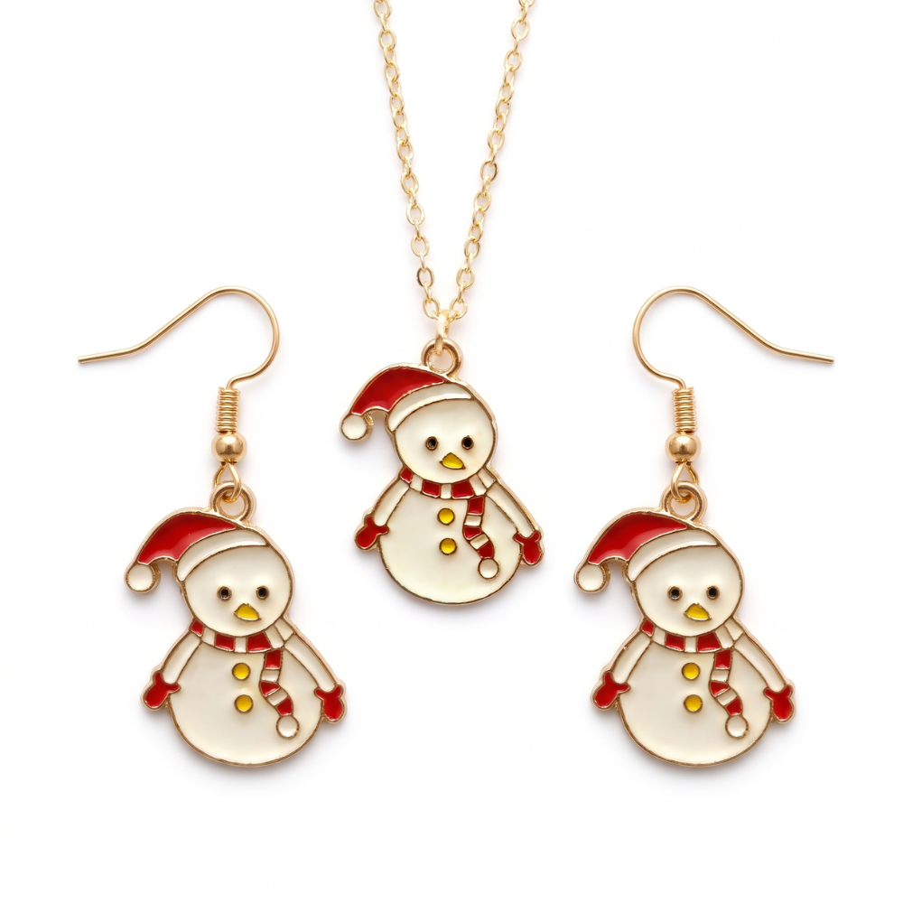Chonky Snowman Golden Christmas Pendant Set (Necklace & Earrings)