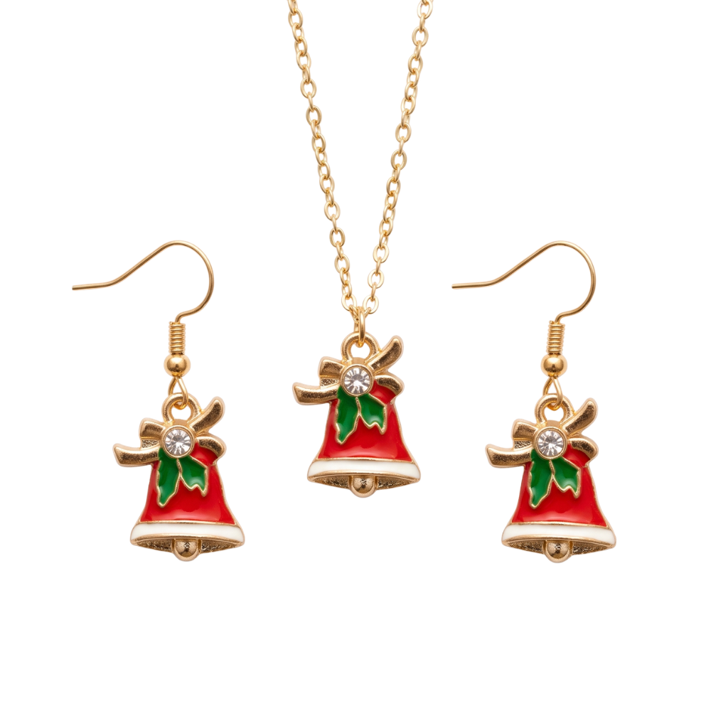 Studded Jingle Bell Golden Christmas Pendant Set (Necklace & Earrings)